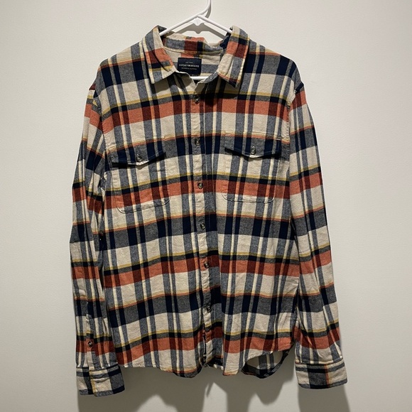 Lucky Brand Men’s Flannel Plaid Button-Up Shirt Blue Orange Size Large - Picture 1 of 4